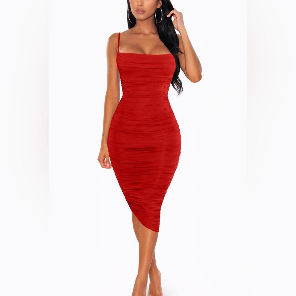 Women's Ruched Spaghetti Strap Bodycon Party Club Midi Dress Red Sz Small